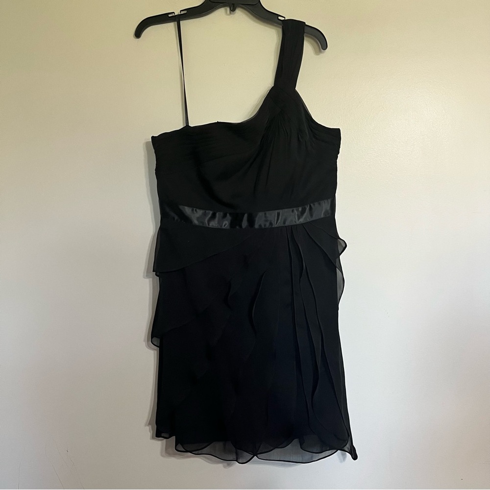 Adrianna Papell Draped One Shoulder Tiered Chiffon Dress Black Cocktail Size 14‎